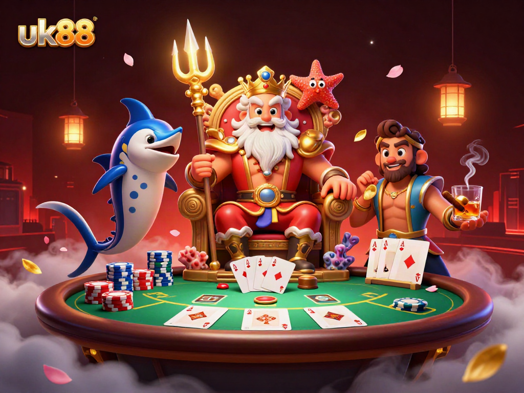 Experience high-stakes poker action with uk88 featuring Neptune and vibrant casino elements.