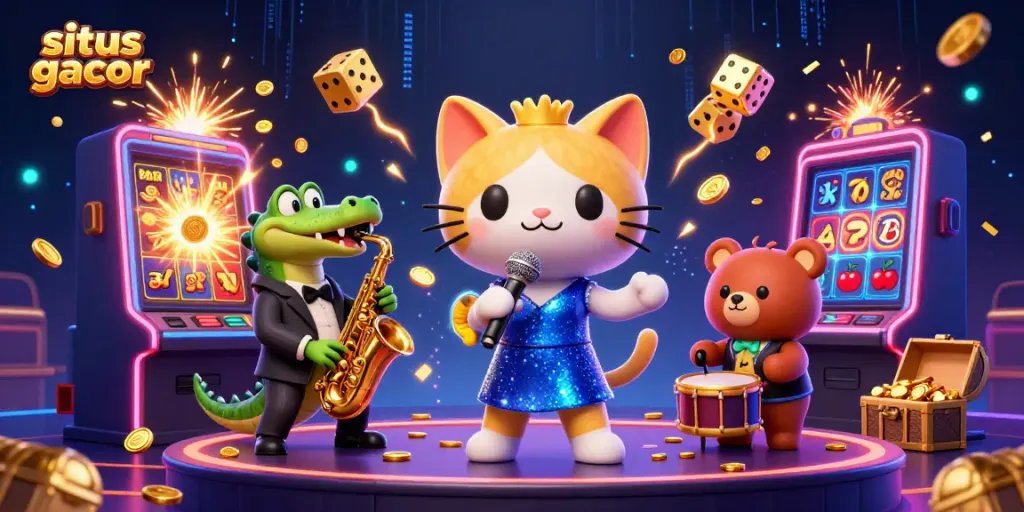 Engage with situs gacor through an exciting 3D jazz-themed casino illustration featuring lively characters and dynamic slot elements.