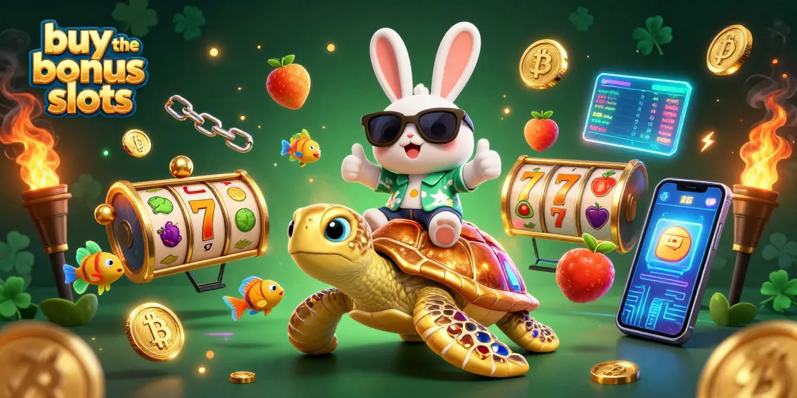 Experience thrills as you buy the bonus slots with exciting characters in a vibrant casino scene.