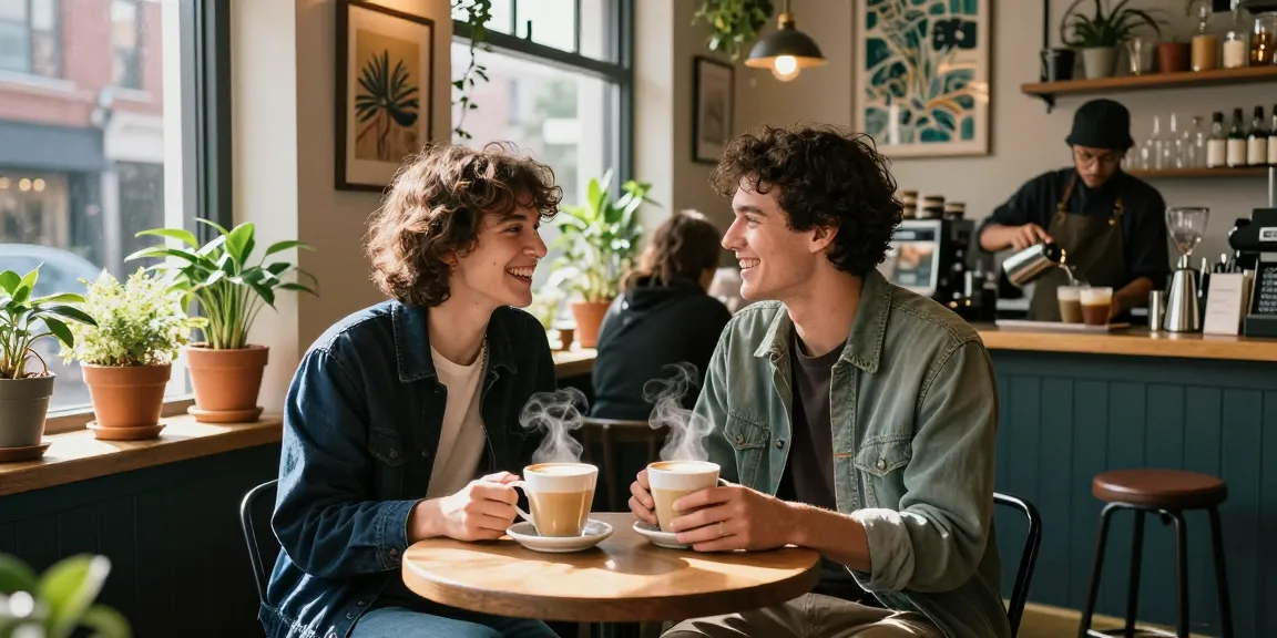 Couple enjoying their time together, feeling crush on each other in a trendy coffee shop.