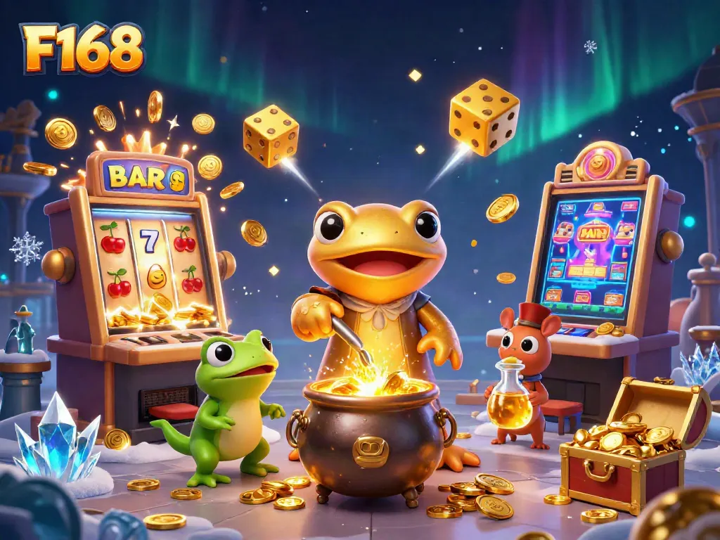 Experience F168's magical casino scene with a golden salamander alchemist and vibrant game elements.