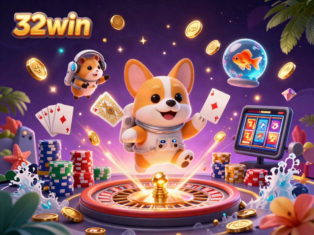 32win features a playful casino scene with a cartoon corgi astronaut and a mission-control hamster floating amidst poker chips and golden coins.