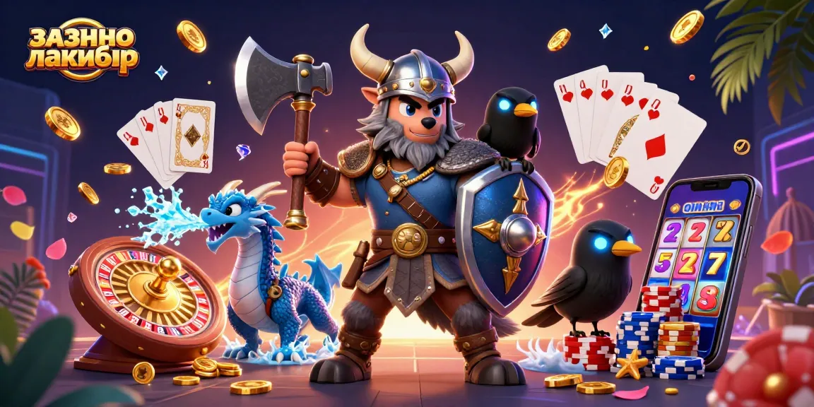 Engage with казино лакибир through an action-packed 3D illustration of a Viking wolf warrior, dragon, and casino elements.