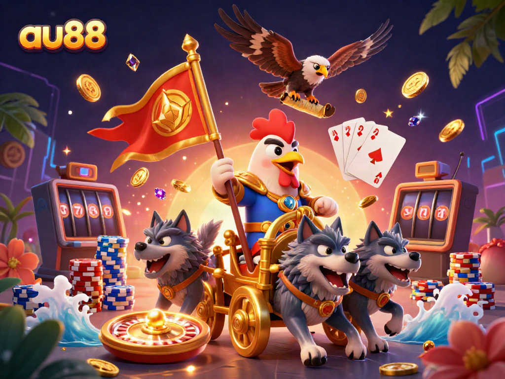 Experience thrilling gaming at au88 with a vibrant digital illustration of a rooster warlord amidst casino excitement.