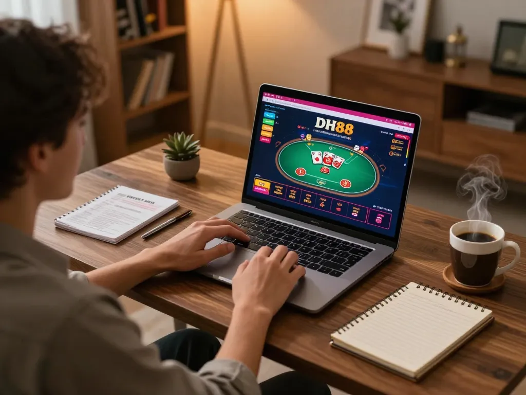 Engaging in DH88 online casino gameplay with strategies at hand in a cozy setting.