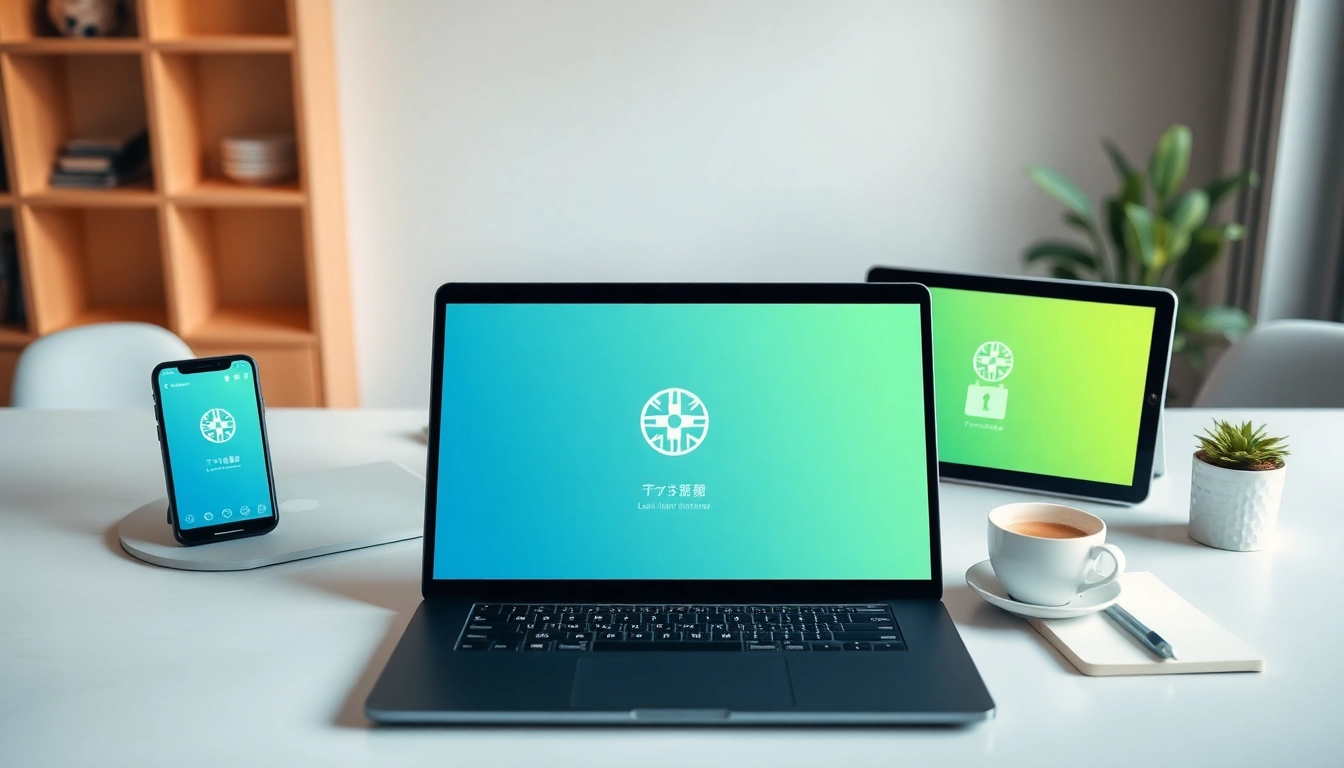 快连官网 interface displayed on multiple devices in a modern workspace.