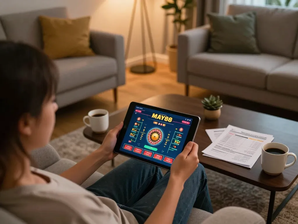 Engaged player using MAY88 on a tablet for exciting online roulette gaming experience.