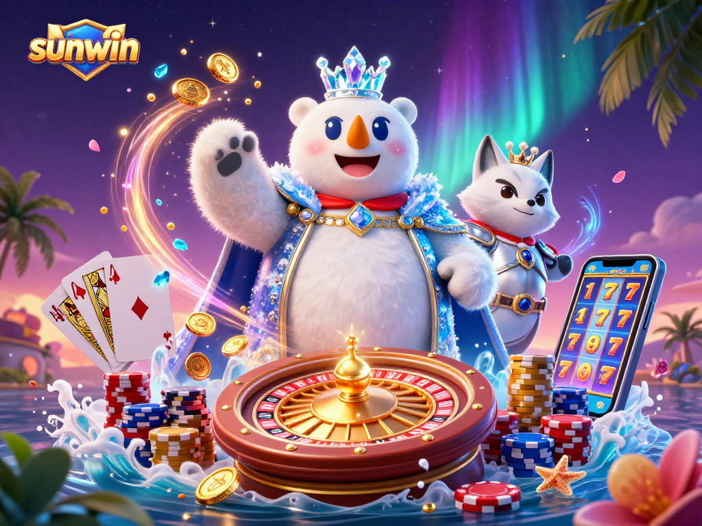 Get lucky with sunwin's dynamic casino scene featuring a polar bear and fox amidst riches.