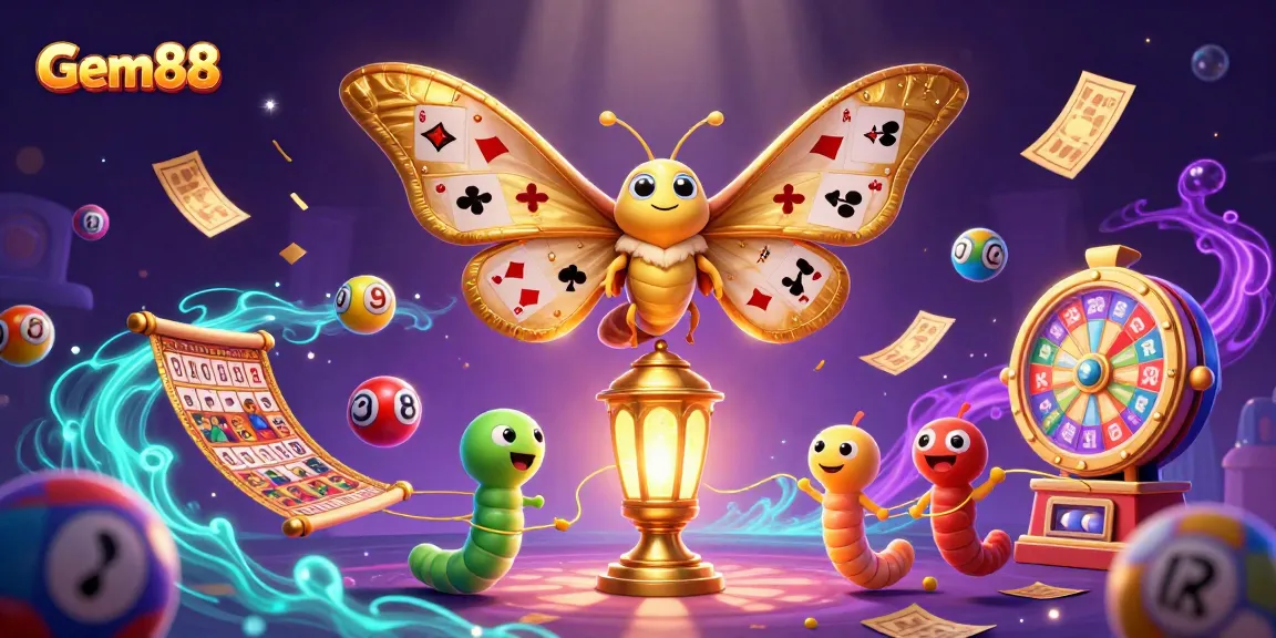 Engage with Gem88's vibrant 3D casino scene featuring lottery balls and golden moth animations.