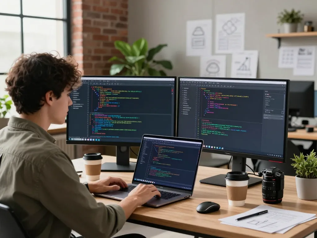 Developers using crush ai in a modern tech workspace with coding on dual monitors and vibrant sketches.