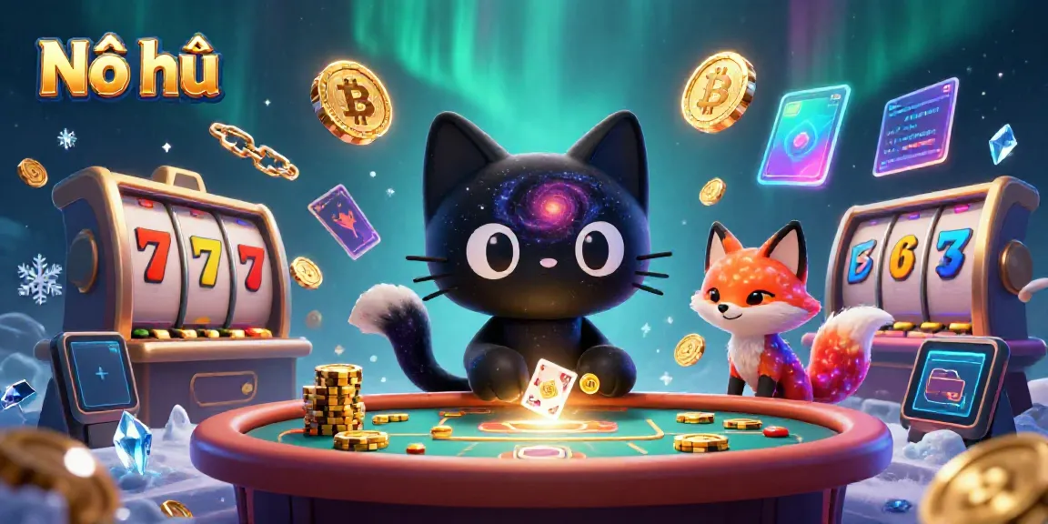 Experience Nổ hũ with a captivating cosmic casino scene featuring a black hole cat and a nebula fox.