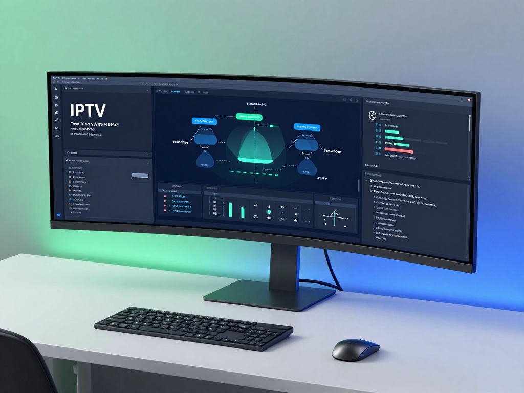 IPTV subscription reseller dashboard with advanced software tools in a cutting-edge technology workspace.