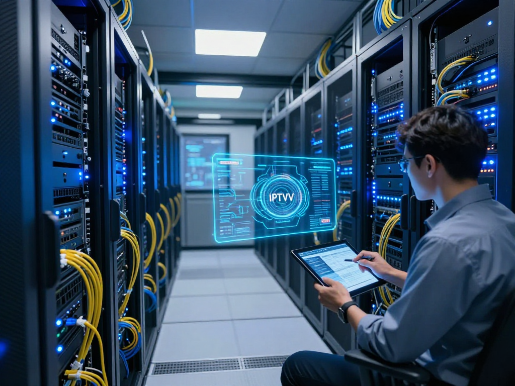 IPTV panel in a modern data centre showcasing cutting-edge server performance and cloud computing capabilities.