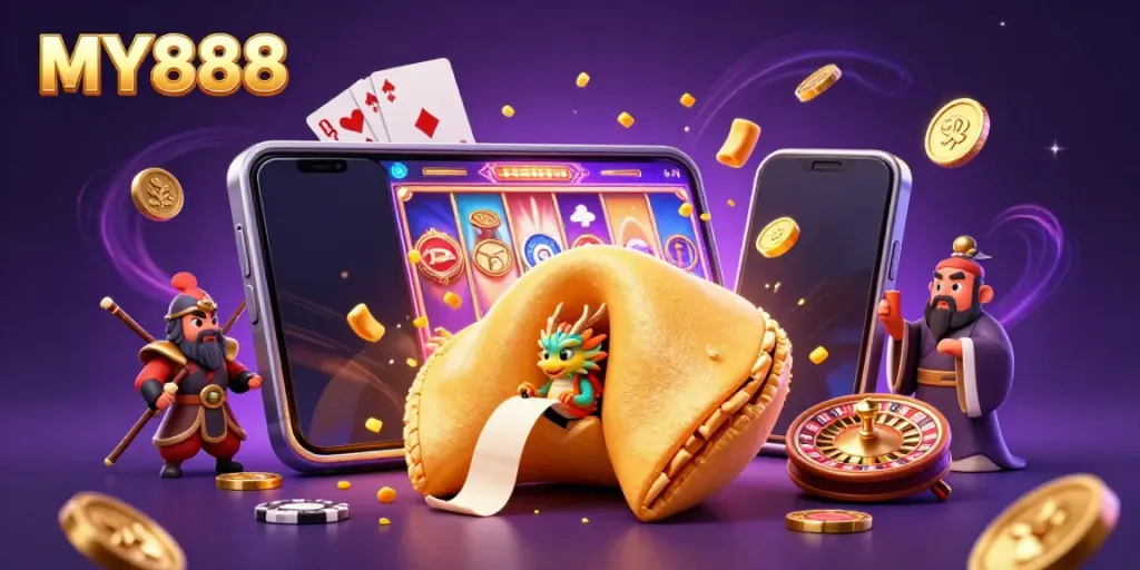 Experience dynamic gaming moments at MY888 with colorful slots, fortune cookies, and playful dragon elements.