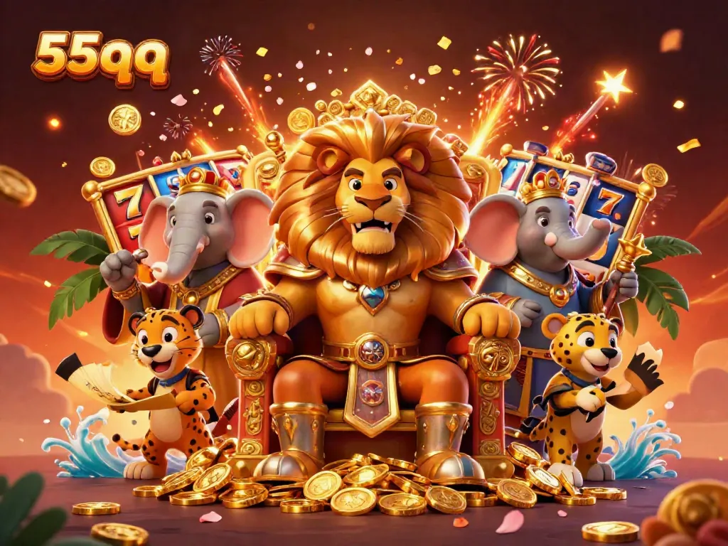 Experience the thrill of 55qq with a fierce lion king and dynamic slot elements in an engaging 3D scene.