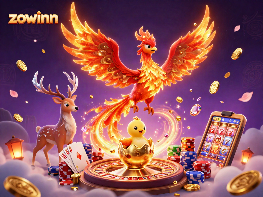 Experience thrilling wins at zowinn with a magical scene of phoenixes, coins and casino games.