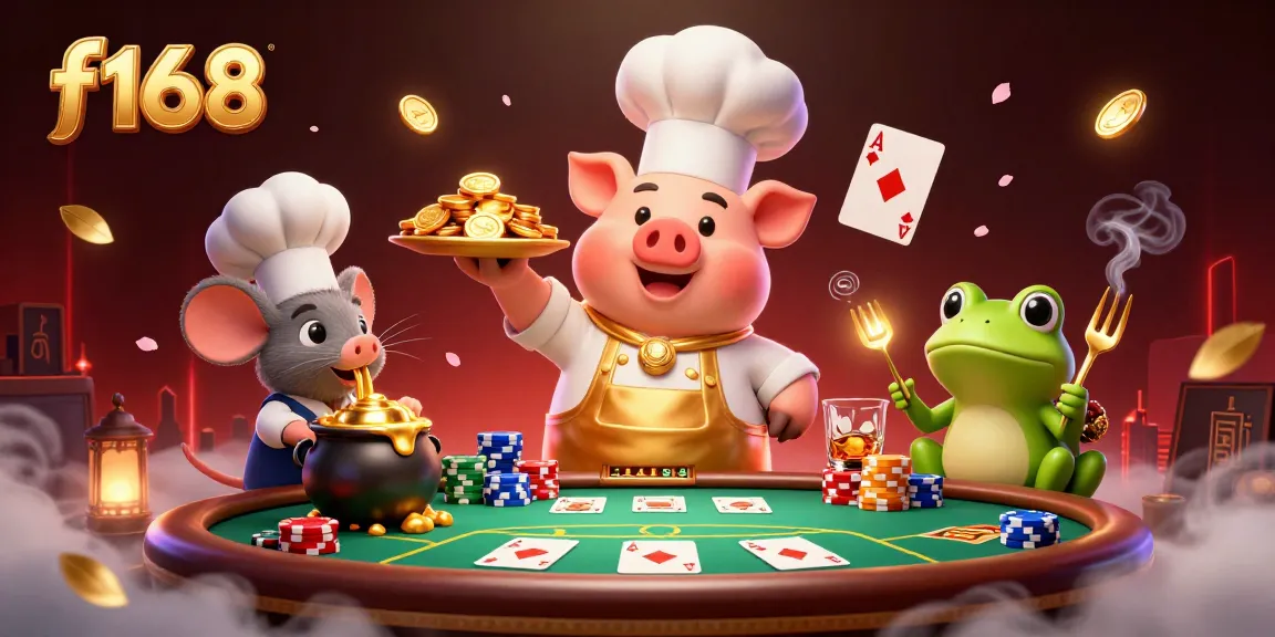 Experience the excitement as f168 brings you a culinary casino scene with gold coins, poker cards, and vibrant characters.
