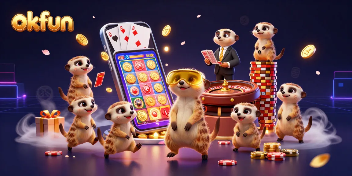 Engage with okfun at a vibrant casino led by meerkats, featuring dynamic slot games and lively action.