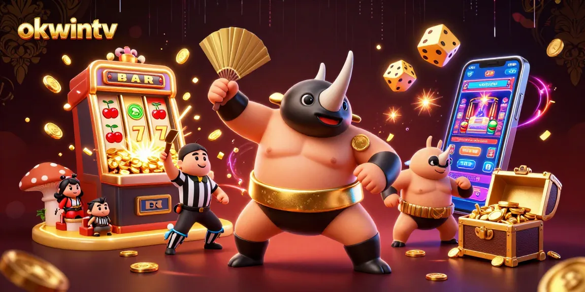 Experience the excitement of okwintv with this dynamic illustration showcasing a beetle champion, flying coins, and thrilling gaming elements.