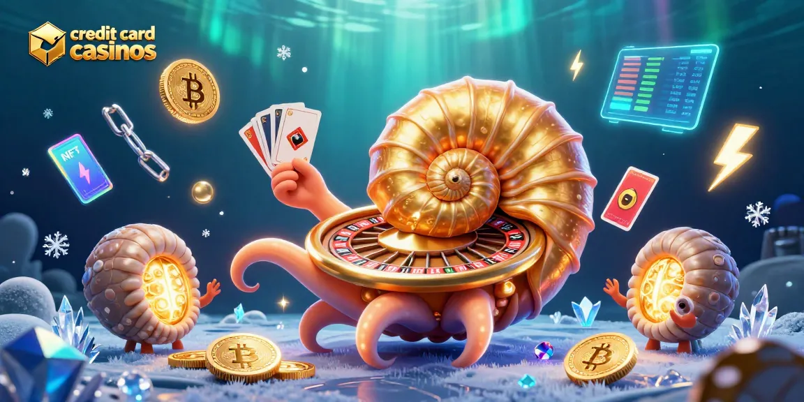 Engage at leading credit card casinos with a giant nautilus roulette and glowing crypto elements.