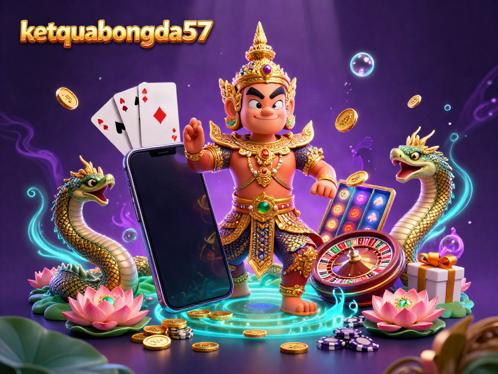 Experience the excitement of ketquabongda57 with vibrant casino elements and animated characters in a festive gaming scene.