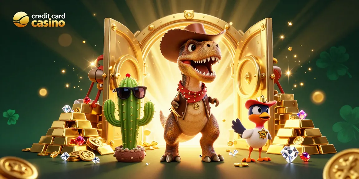 Engage in a thrilling credit card casino experience with T-Rex and friends amidst treasure and excitement.