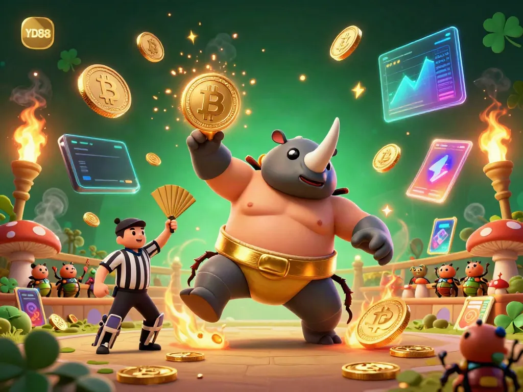 Experience YD88's electrifying casino atmosphere with a sumo beetle champion and vibrant crypto elements.