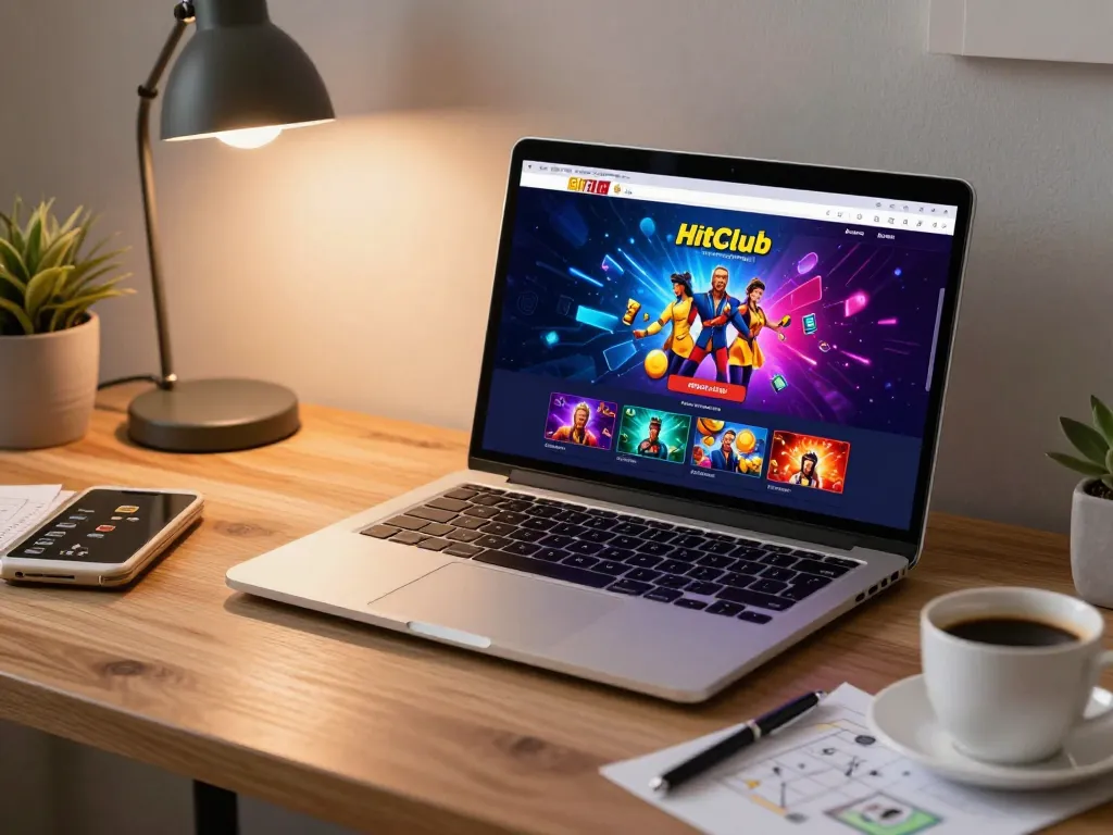 Link vào Hitclub mobile gaming interface displayed on laptop during online casino session