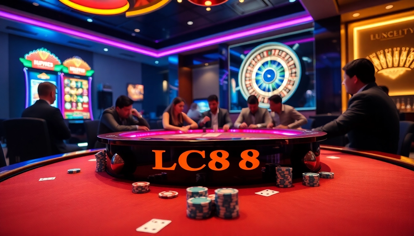 Exciting scene featuring LC88 casino table with players and vibrant poker action.