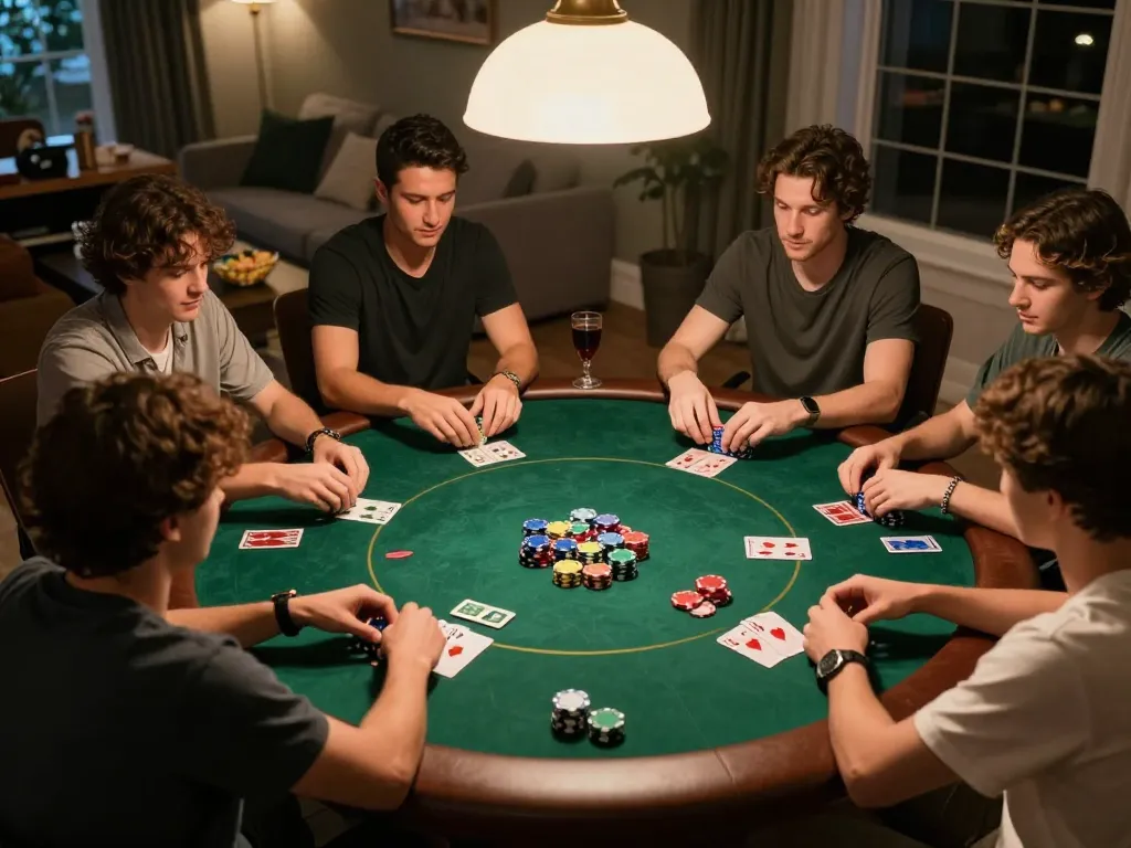 Friends playing Texas Hold'em during a cozy poker night at home, featuring 23Win gaming elements.