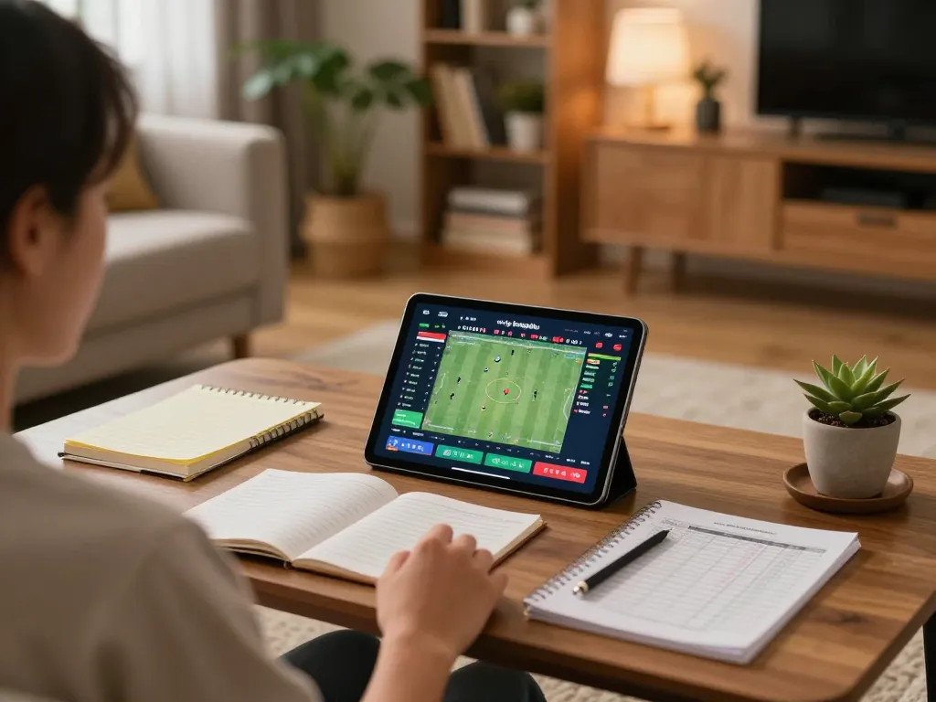 Monitoring xem tỷ số bongdalu live scores on a tablet in a comfortable home setting.