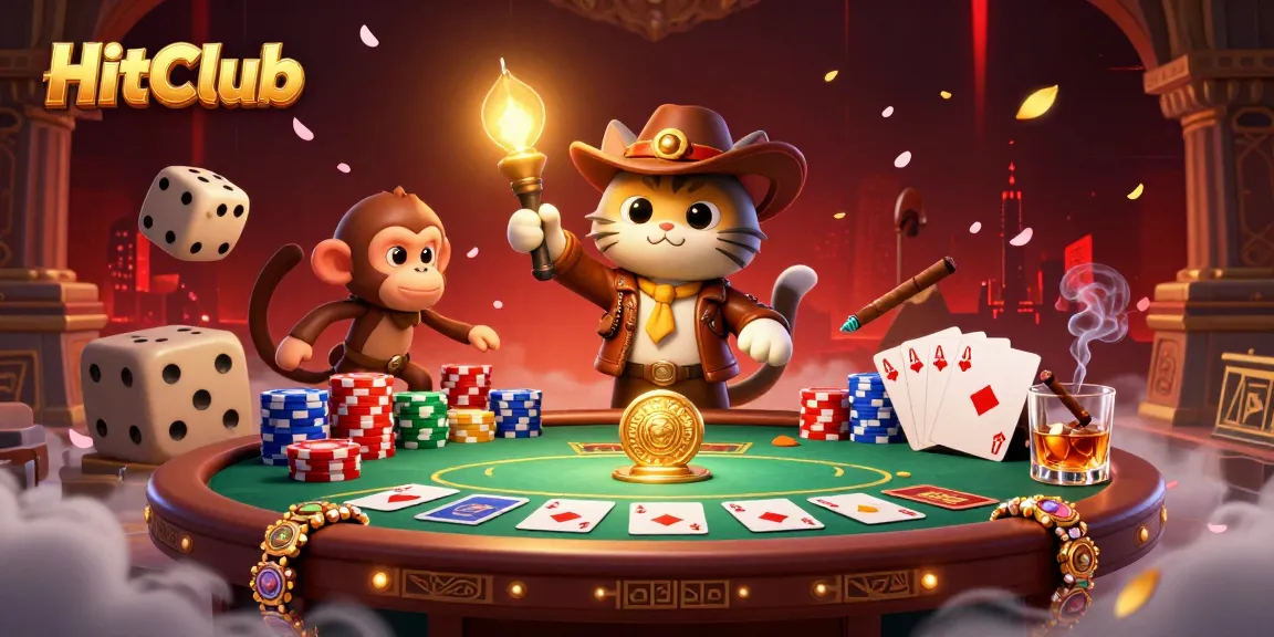 HitClub showcases a vibrant, ultra-detailed 3D scene of a cat explorer discovering casino treasures.