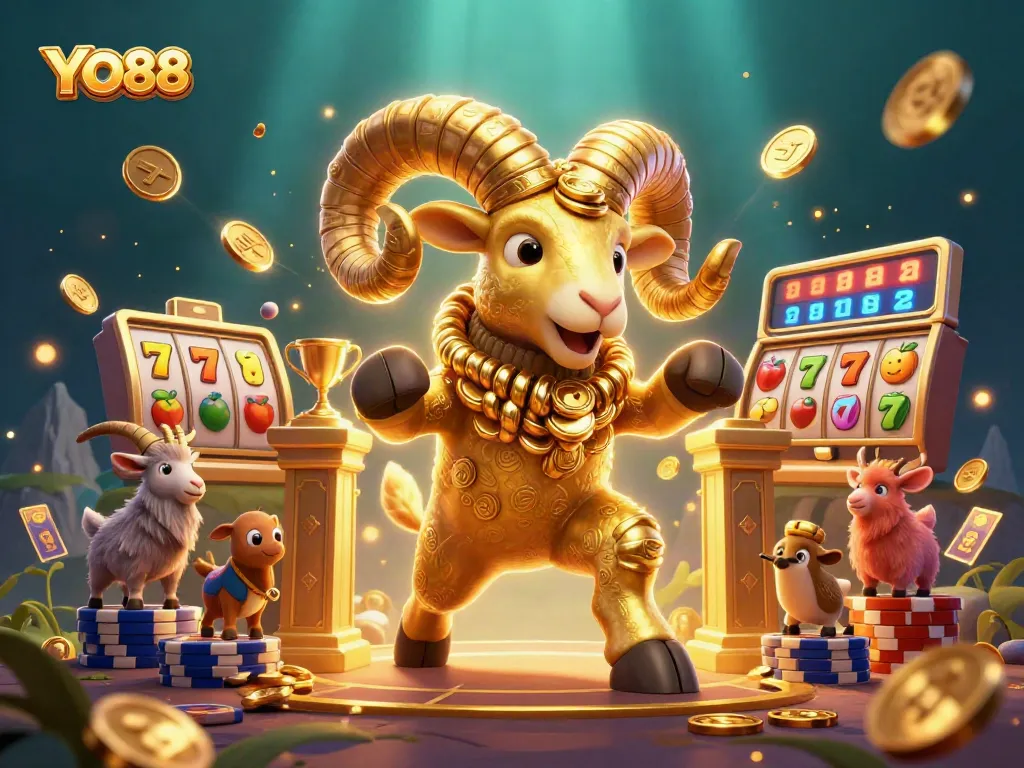 Engage with YO88's thrilling gaming experience featuring a charging ram amidst vibrant slot elements.