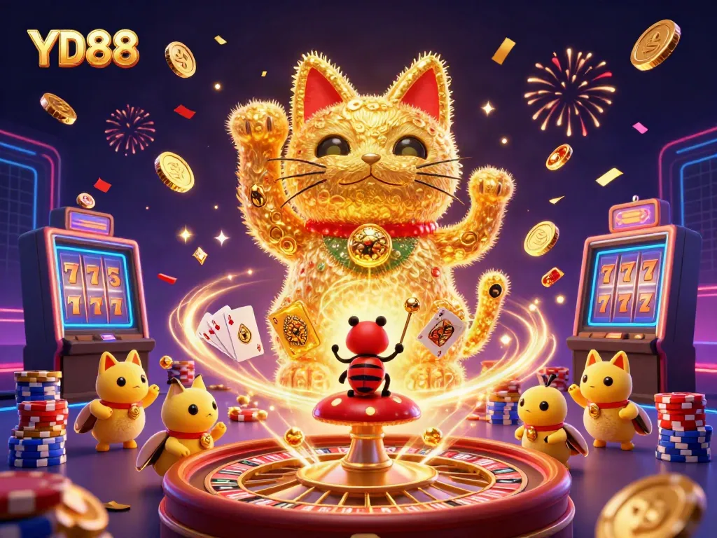 Experience YD88 with a vibrant lucky cat and casino symbols in a lively 3D illustration.