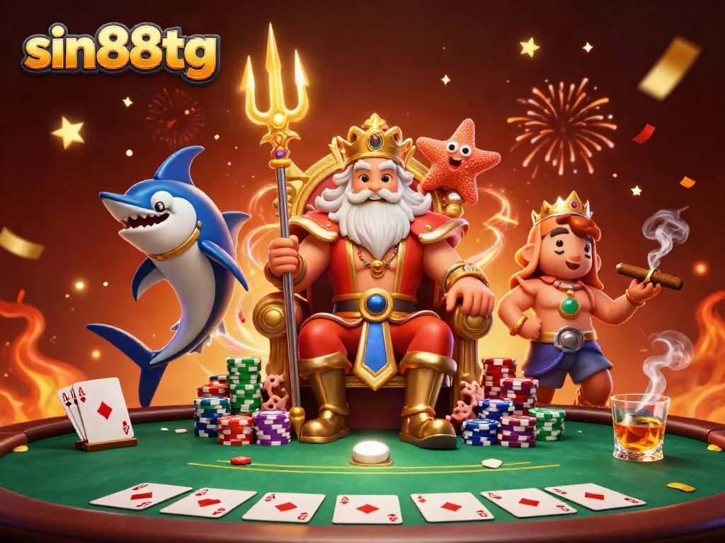 Experience thrilling poker strategies with sin88tg's vibrant casino scene featuring Neptune and friends.