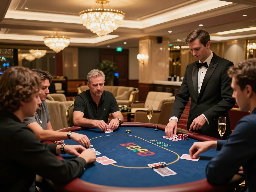 Game strategy session for FABET in a luxurious casino VIP lounge, players engaged in poker.