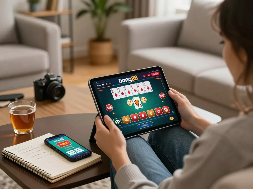 Engaging in an online bong88 casino game on a tablet in a cozy home setting with strategic notes.