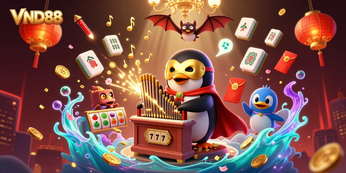 Engage in thrilling gaming with VND88 featuring a penguin organist, slot symbols, and festive elements.
