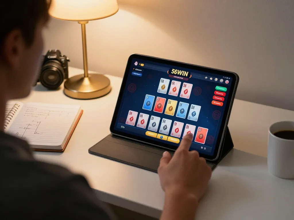 Engaging with 56WIN trang chủ on a tablet, showcasing home gaming strategy and atmosphere