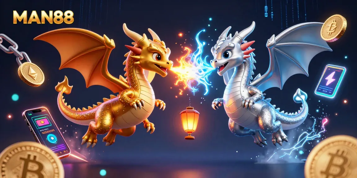 Experience the thrill of MAN88 with twin dragons in a vibrant 3D casino scene.
