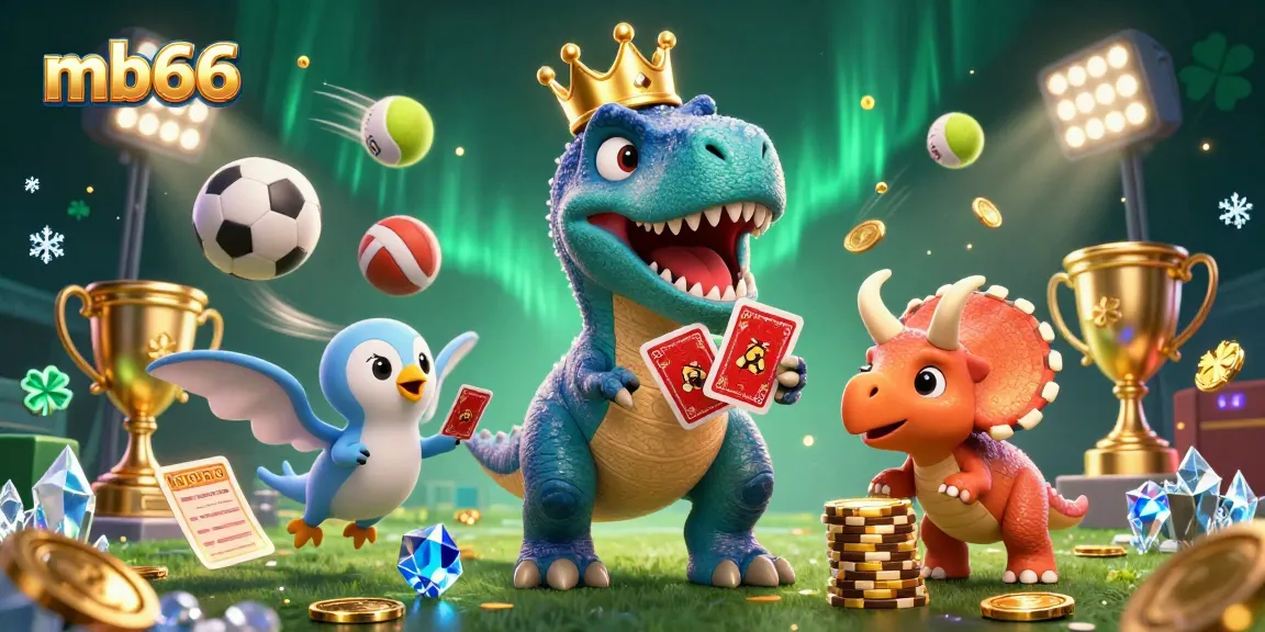 Bet on your favorite games with mb66, featuring a playful T-Rex and friends in a vibrant casino environment.