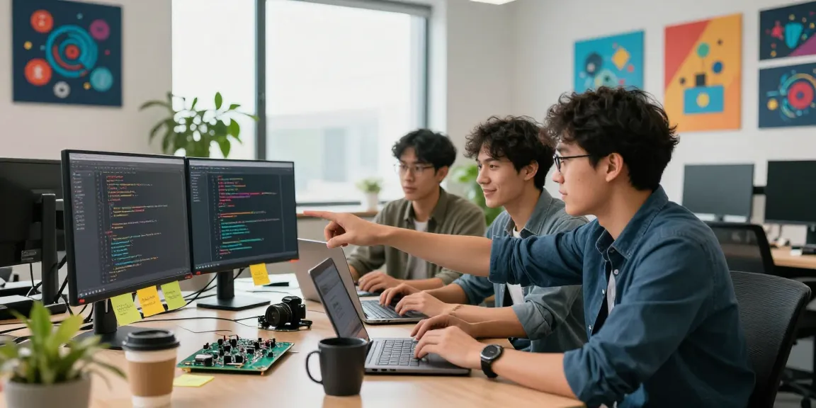 Team collaborating on software project at WPS Official Website with monitors displaying code and vibrant office decor.
