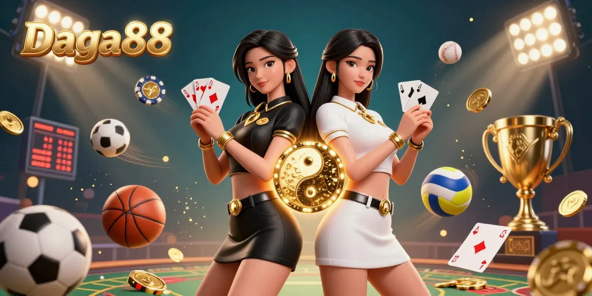 Daga88 features twin Asian women with playing cards in a vibrant casino scene, showcasing sports and gambling elements.