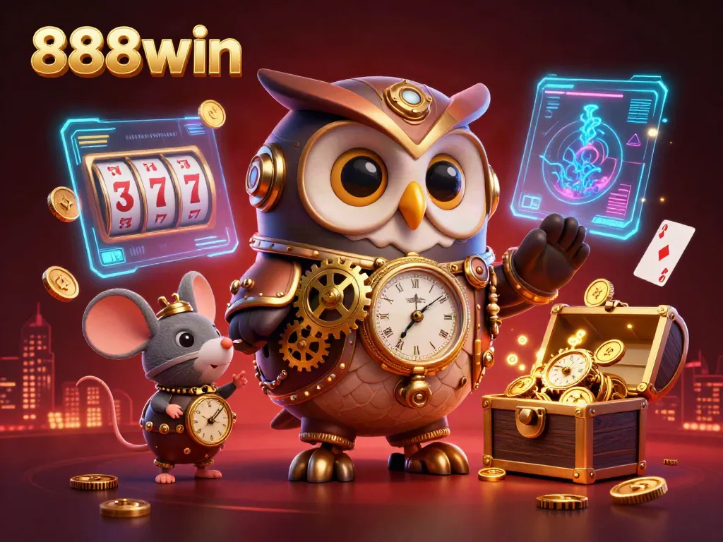 Play at 888win with our exciting steampunk-themed casino illustration featuring a time-traveler owl amidst slot reels.