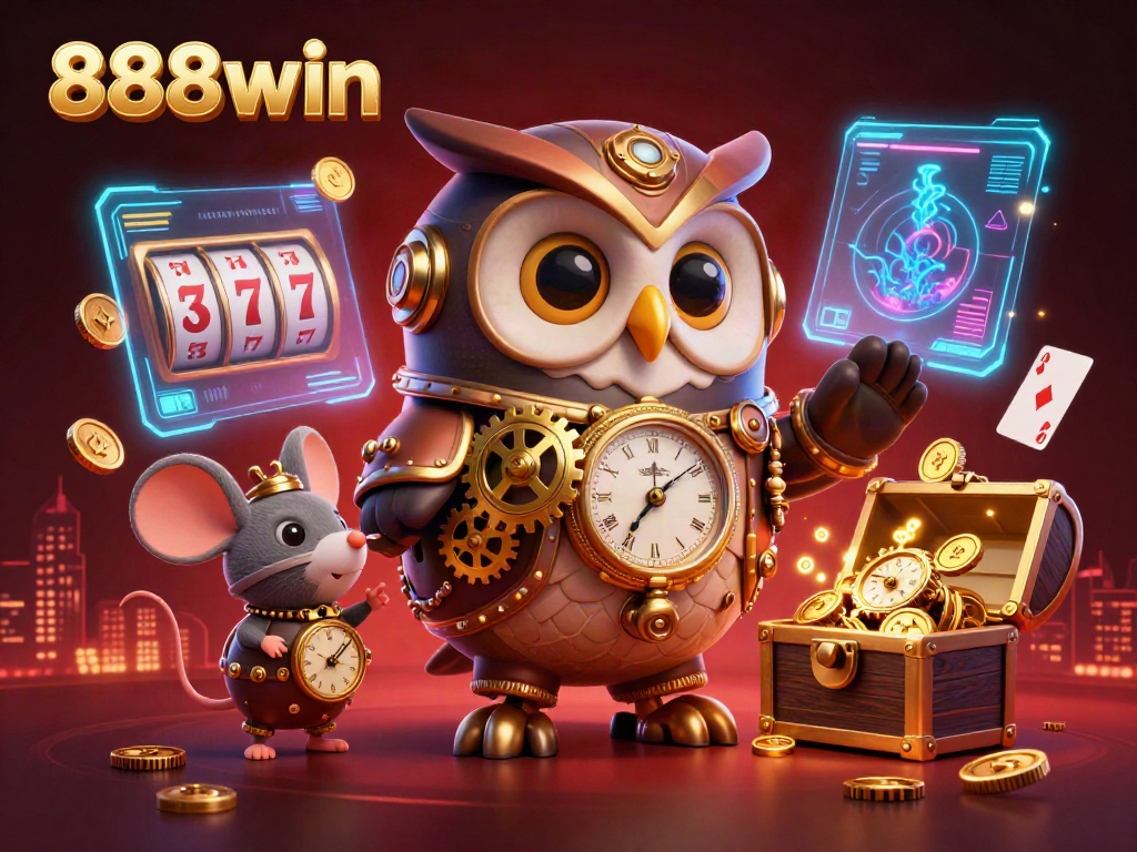 Play at 888win with our exciting steampunk-themed casino illustration featuring a time-traveler owl amidst slot reels.