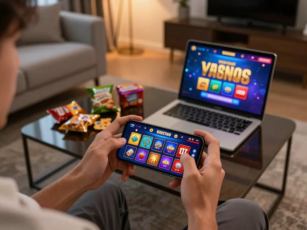 Mobile gamer exploring thrilling 789Club casino options on smartphone in stylish home setting.
