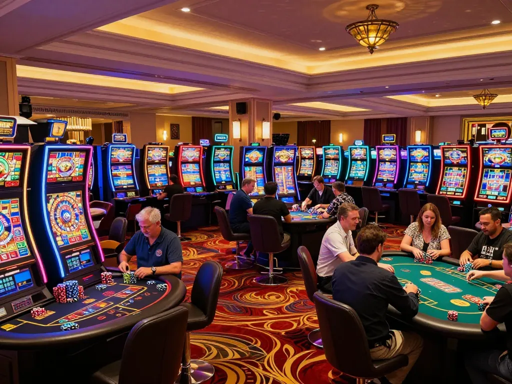 Players enjoying thrilling Casino games at RR88, engaging with colorful slot machines and poker