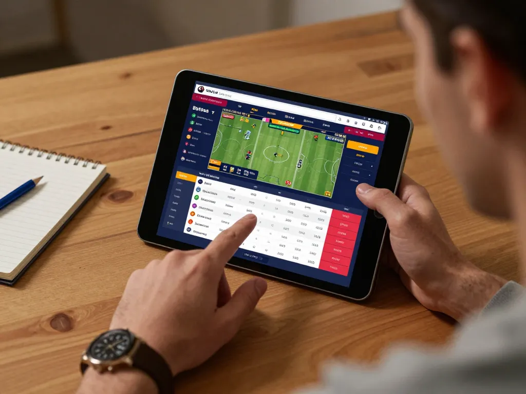 Engaging with link max88 for live sports betting on tablet, showcasing betting interface and strategy notes.