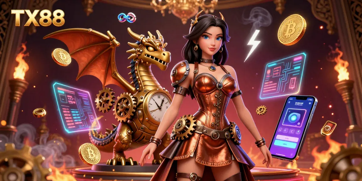 Experience TX88's immersive casino world with vibrant characters and cryptocurrency elements.