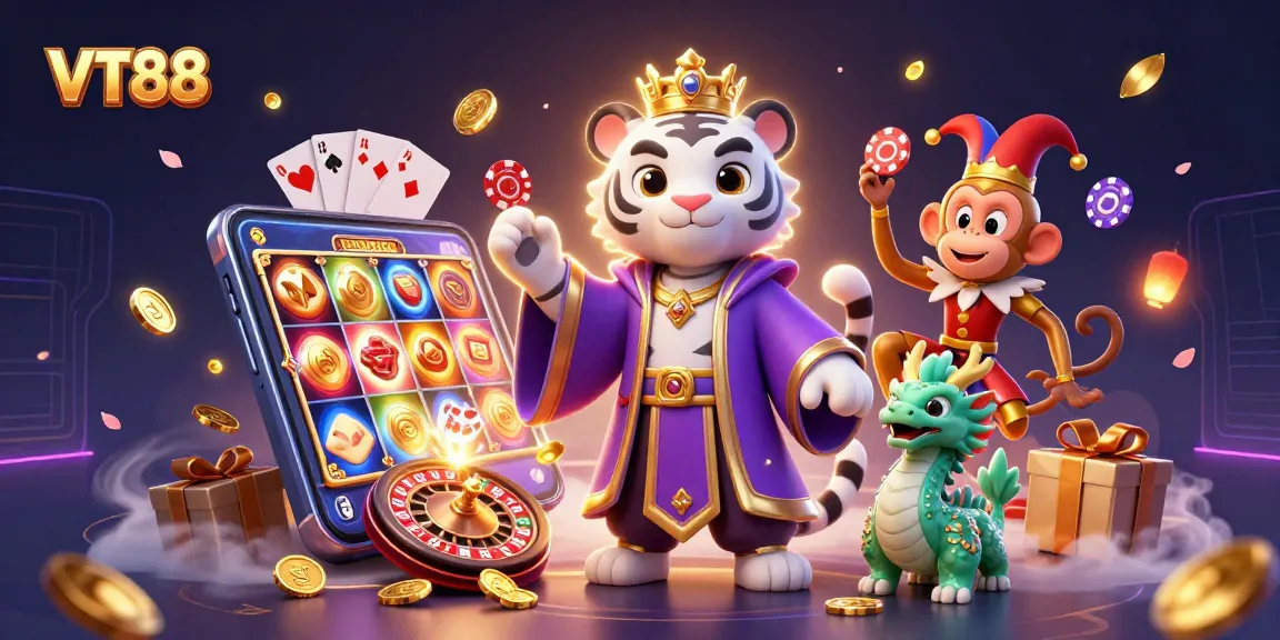 Engage with VT88 as a regal white tiger and playful monkey create excitement in a dynamic casino scene.